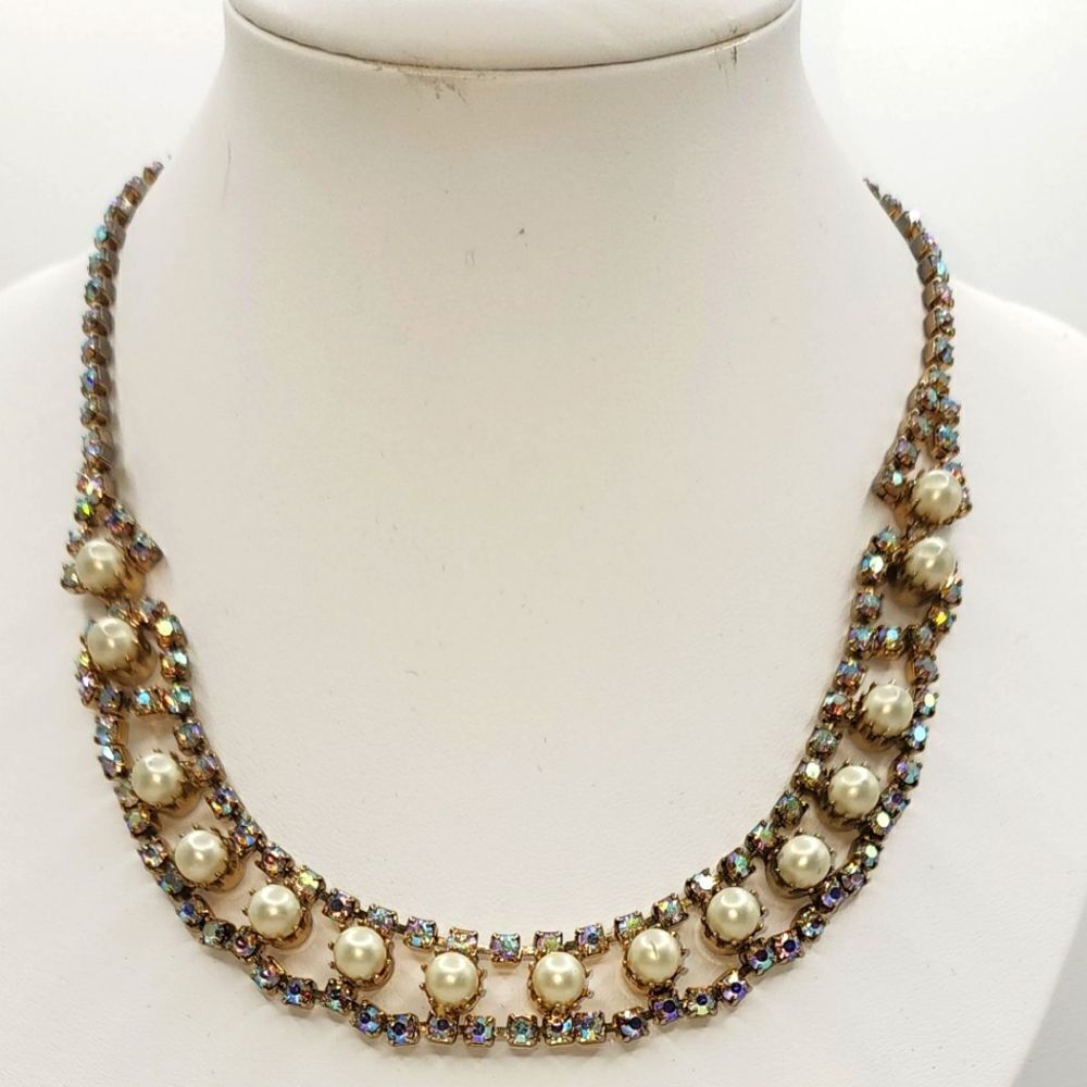 KRAMER Necklace Set Pearls Aurora Borealis Rhinestones & Earrings Dior Designer